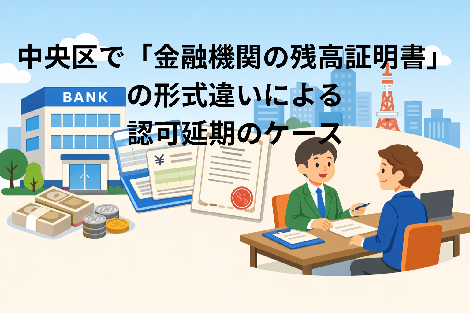 中央区で「金融機関の残高証明書」の形式違いによる認可延期のケース