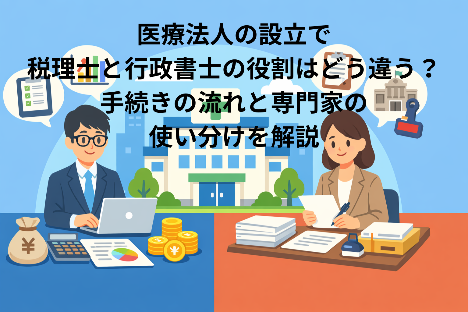 医療法人の設立で 税理士と行政書士の役割はどう違う？ 手続きの流れと専門家の 使い分けを解説